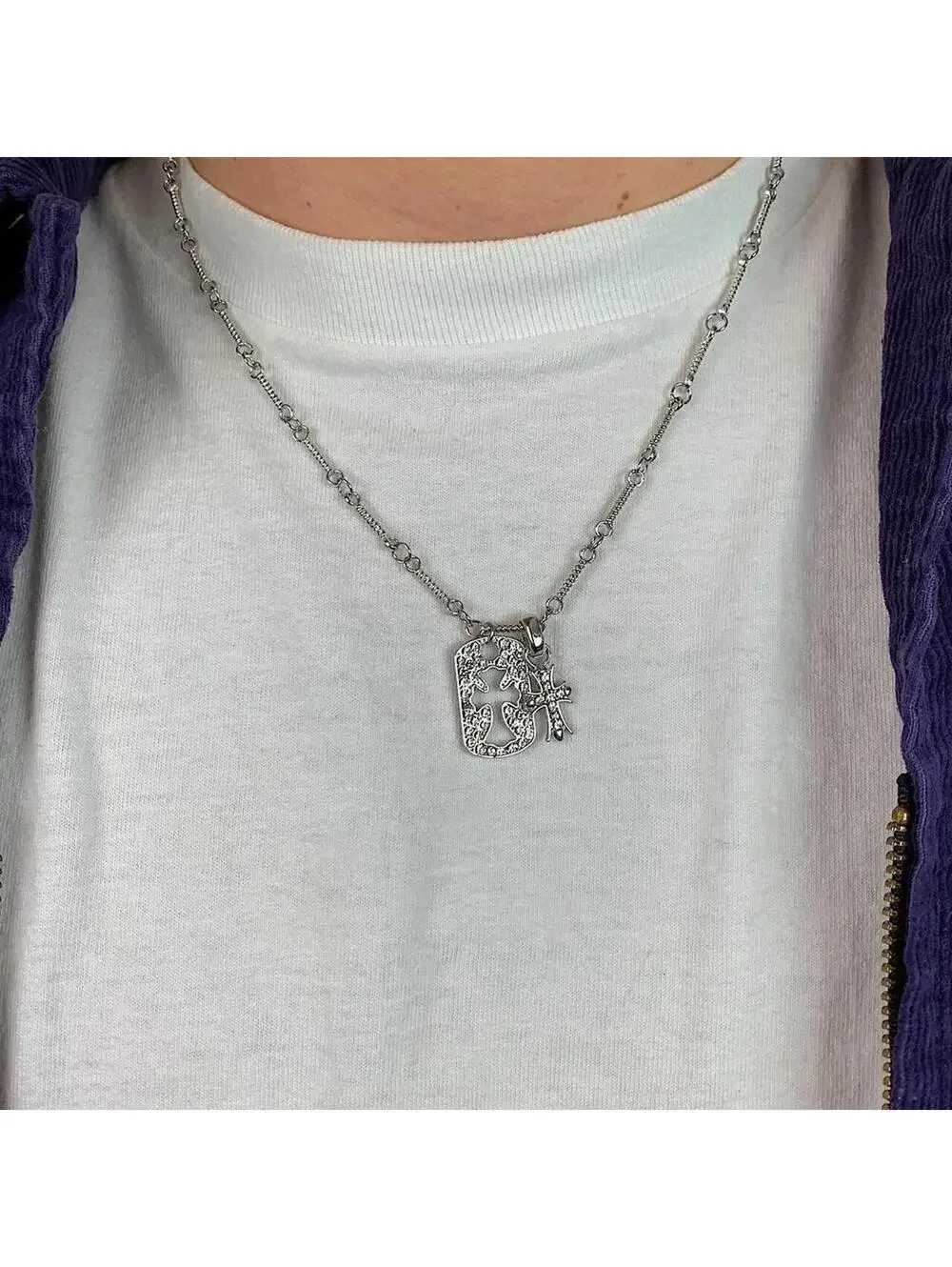 silver cross rhinestone dog tag pendant Necklace. Stainless steel Rhinestone